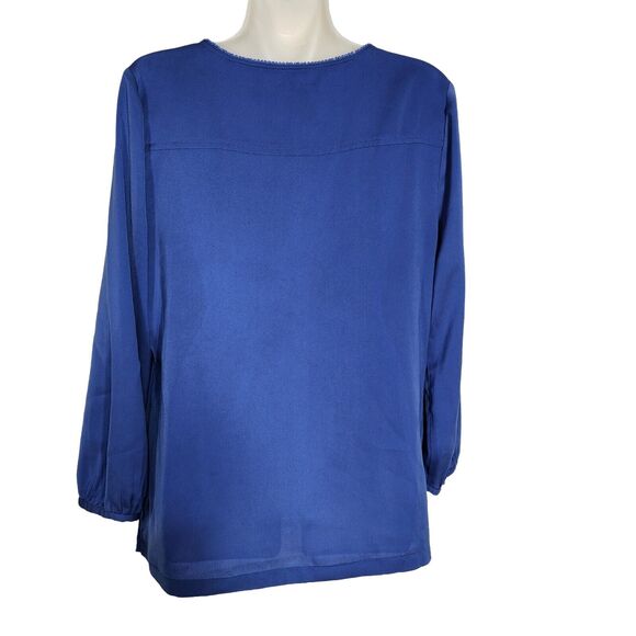 J Crew Womens Top Small Peasant Blouse Mini Pom Pom Trim Royal Blue 3/4 Sleeve - Picture 2 of 13